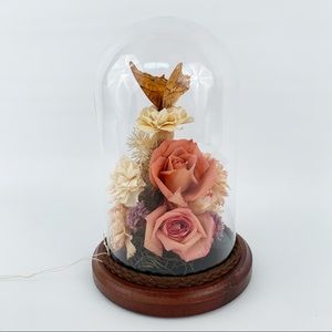 Vintage Dried Flowers w/ Taxidermy Butterfly Under Glass Dome